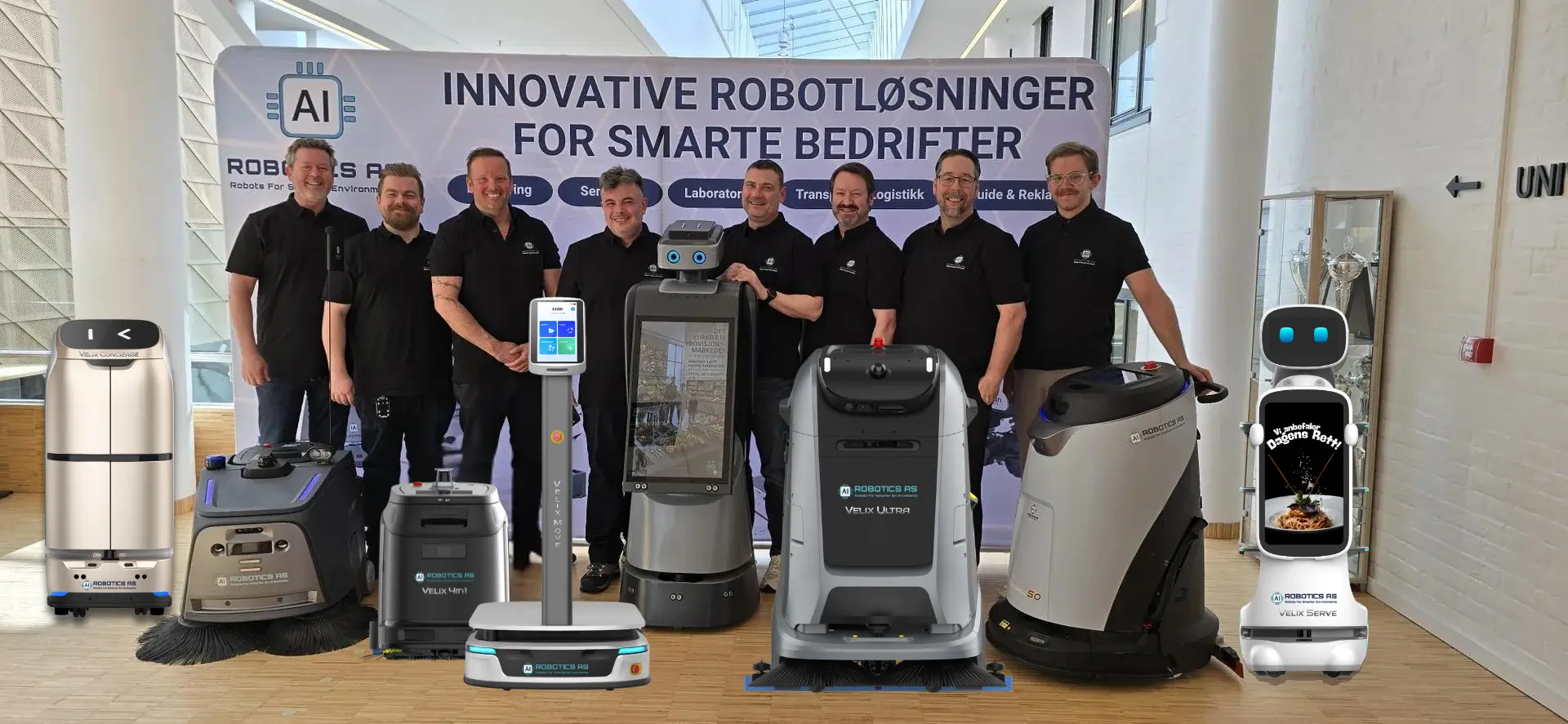Teamet i AI Robotics AS sammen med flere Velix-roboter