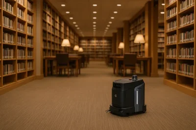 uClean Compact gulvvaskerobot i bibliotek Norge - stille rengjøring mellom bokhyller og leseområder