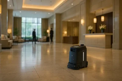 uClean Compact gulvvaskerobot i hotellresepsjon Norge - profesjonell rengjøring som imponerer gjester