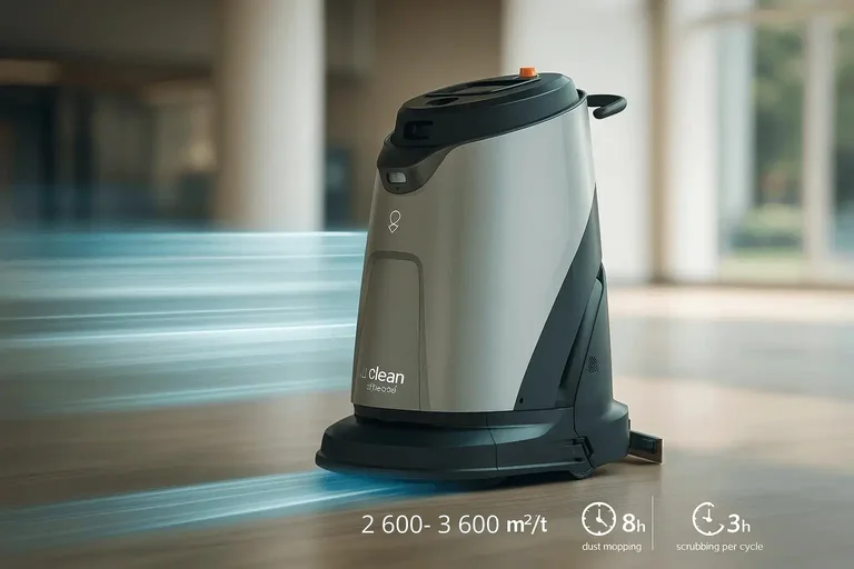 uClean Scrub O Pro med 3-i-1 Smart-Scrub funksjon som skrubber, feier og mopper gulv