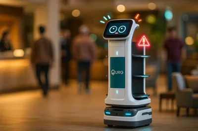 Servitørrobot uServe med stor skjerm for gjestekommunikasjon