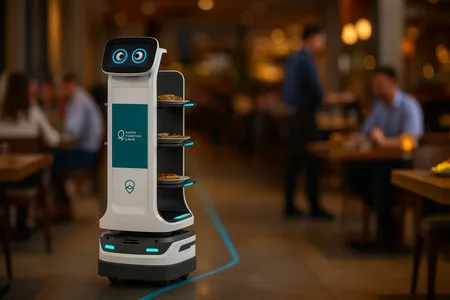 Servitørroboten uLog Serve som leverer mat til bord i restaurant