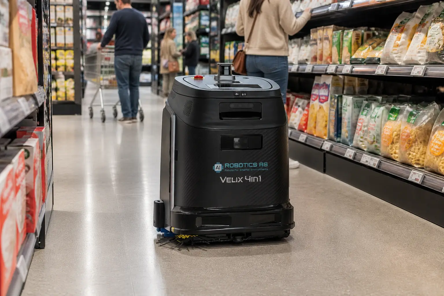 Velix 4in1 gulvvaskerobot i butikkmiljø Norge - kompakt design går under hyller og møbler