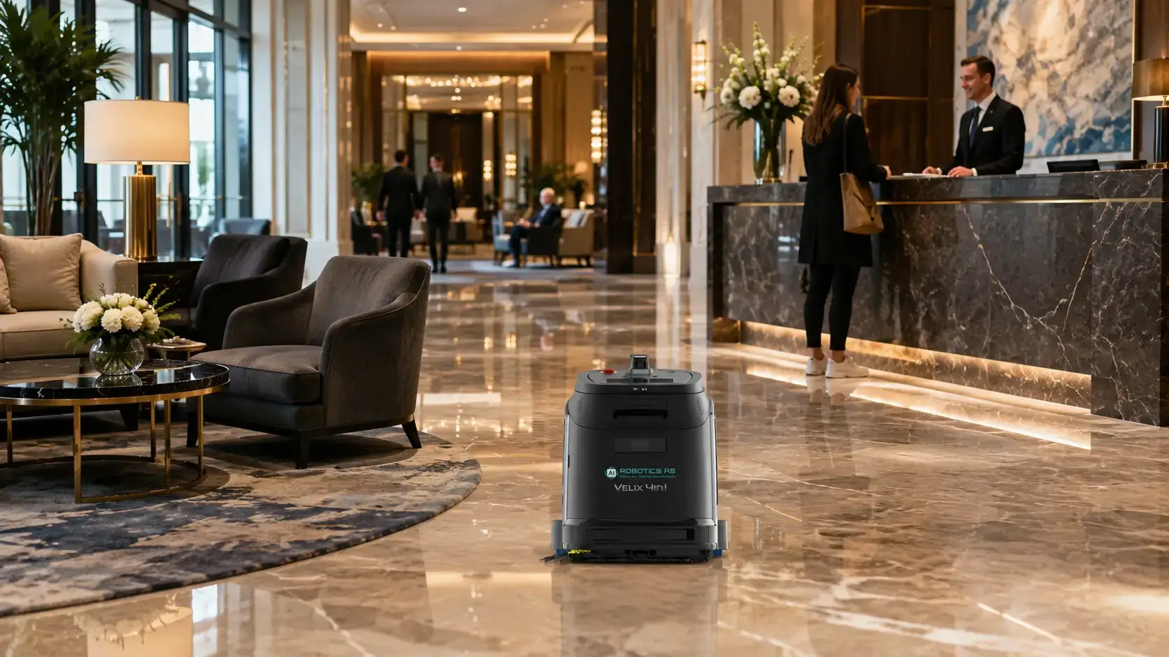 Velix 4in1 gulvvaskerobot i hotellresepsjon Norge - profesjonell rengjøring som imponerer gjester