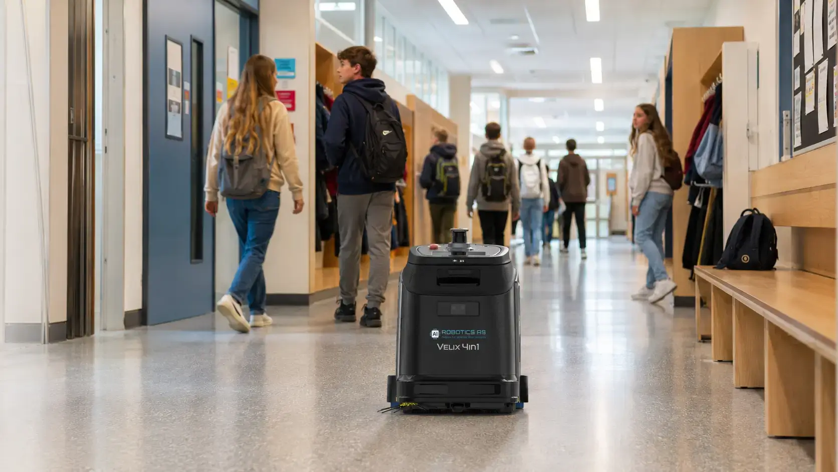 Velix 4in1 gulvvaskerobot i bibliotek Norge - stille rengjøring mellom bokhyller og leseområder