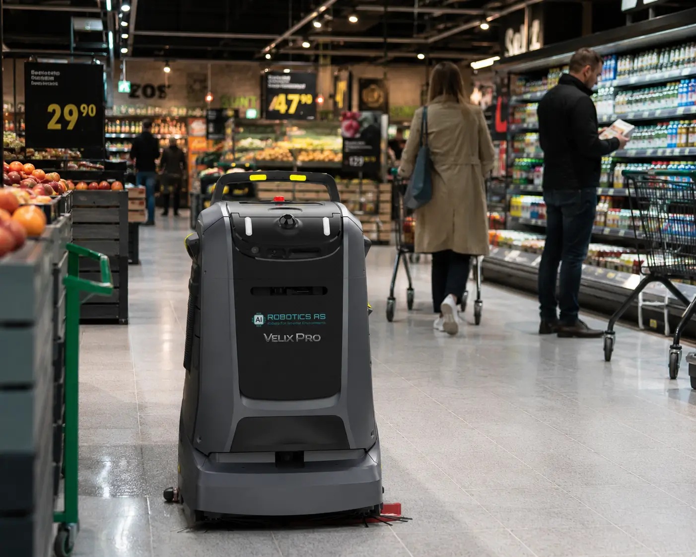 Velix Pro vaskerobot i butikk - feier og vasker gulv i retailmiljø